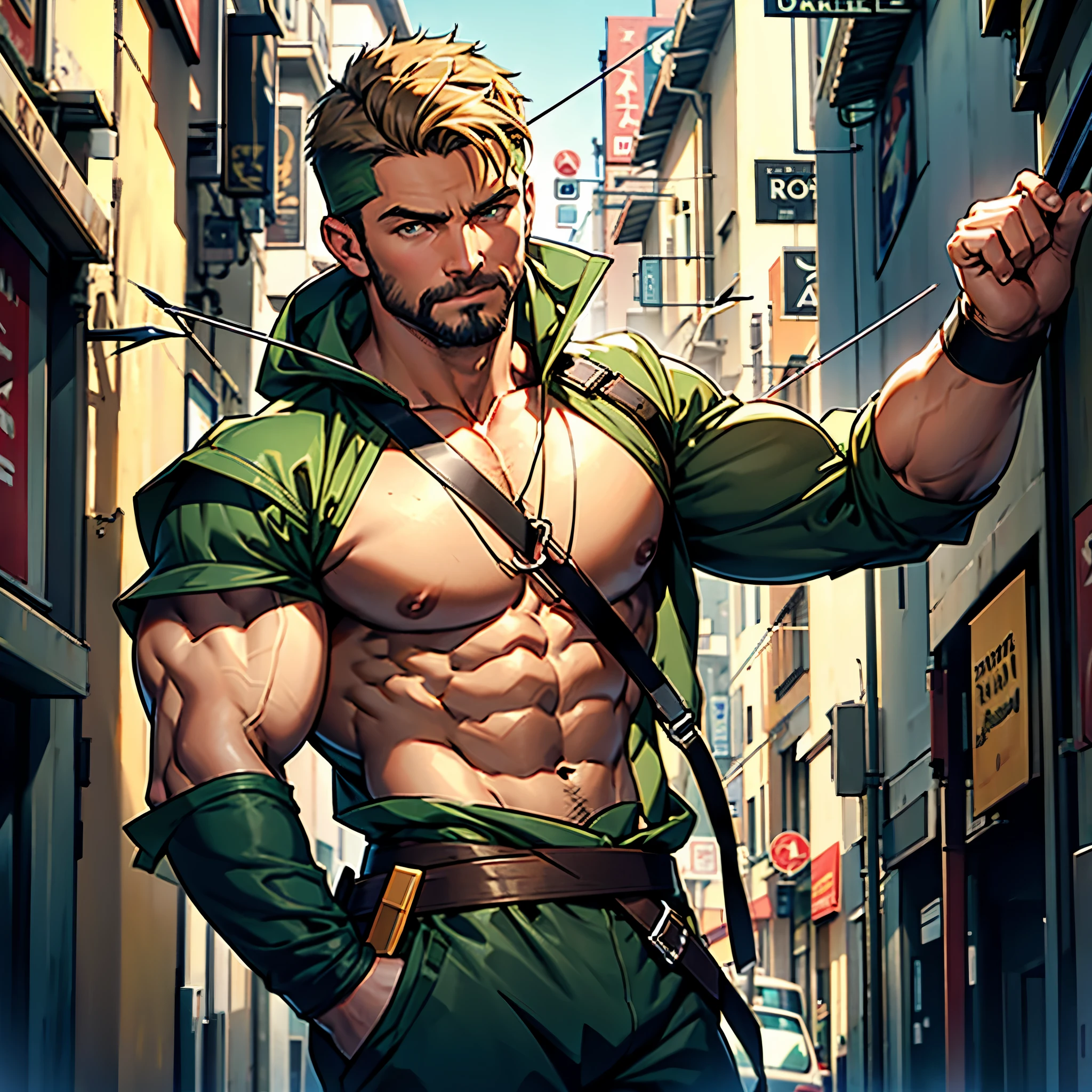 NSFW,8k, high quality , detailed face , detailed fingers ,detailed muscles stephen amell as green arrow , wearing dark green outfit , showing a dark blond short hair , a thick facial hair , hard nipples, a bulge ,hunk and handsome, shooting his arrows with a bow toward the ennemies , with the quiver on his back full of arrows background sky and city at night