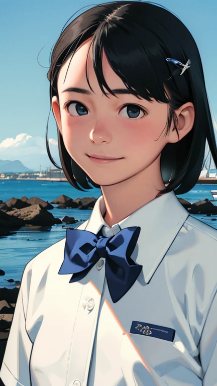 (1 girl, alone, Japanese Girls), ,highest quality, Tabletop, 8k, High resolution, Super detailed, (Portraiture), Recall, Black Hair, short hair, Hair Clip, Shiny skin, Flat Chest, smile, (Middle schoom, White collared shirt, bow tie,), summer, blue sky, thunder head, Ocean,