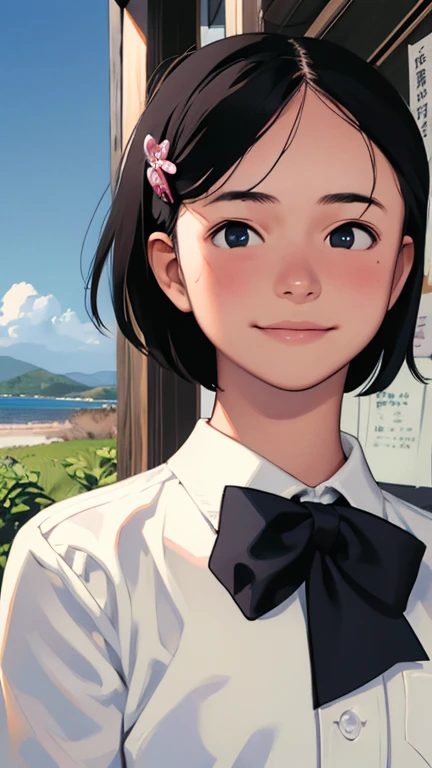 (1 girl, alone, Japanese Girls), 13 years old,highest quality, Tabletop, 8k, High resolution, Super detailed, (Portraiture), Recall, Black Hair, short hair, Hair Clip, Shiny skin, Flat Chest, smile,  (Middle school students:1.5, uniform, White collared shirt, bow tie,), summer, blue sky, thunder head, Ocean,