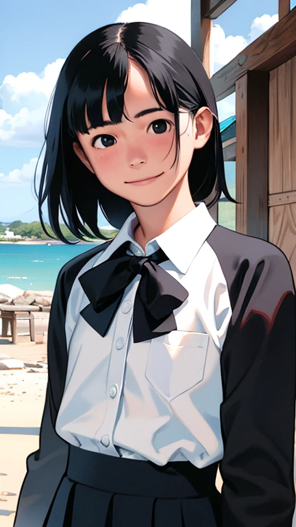 (1 girl, alone, Japanese Girls), 13 years old,highest quality, Tabletop, 8k, High resolution, Super detailed, (Portraiture), Recall, Black Hair, short hair, Hair Clip, Shiny skin, Flat Chest, smile,  (Middle school students:1.5, uniform, White collared shirt, bow tie,), summer, blue sky, thunder head, Ocean,