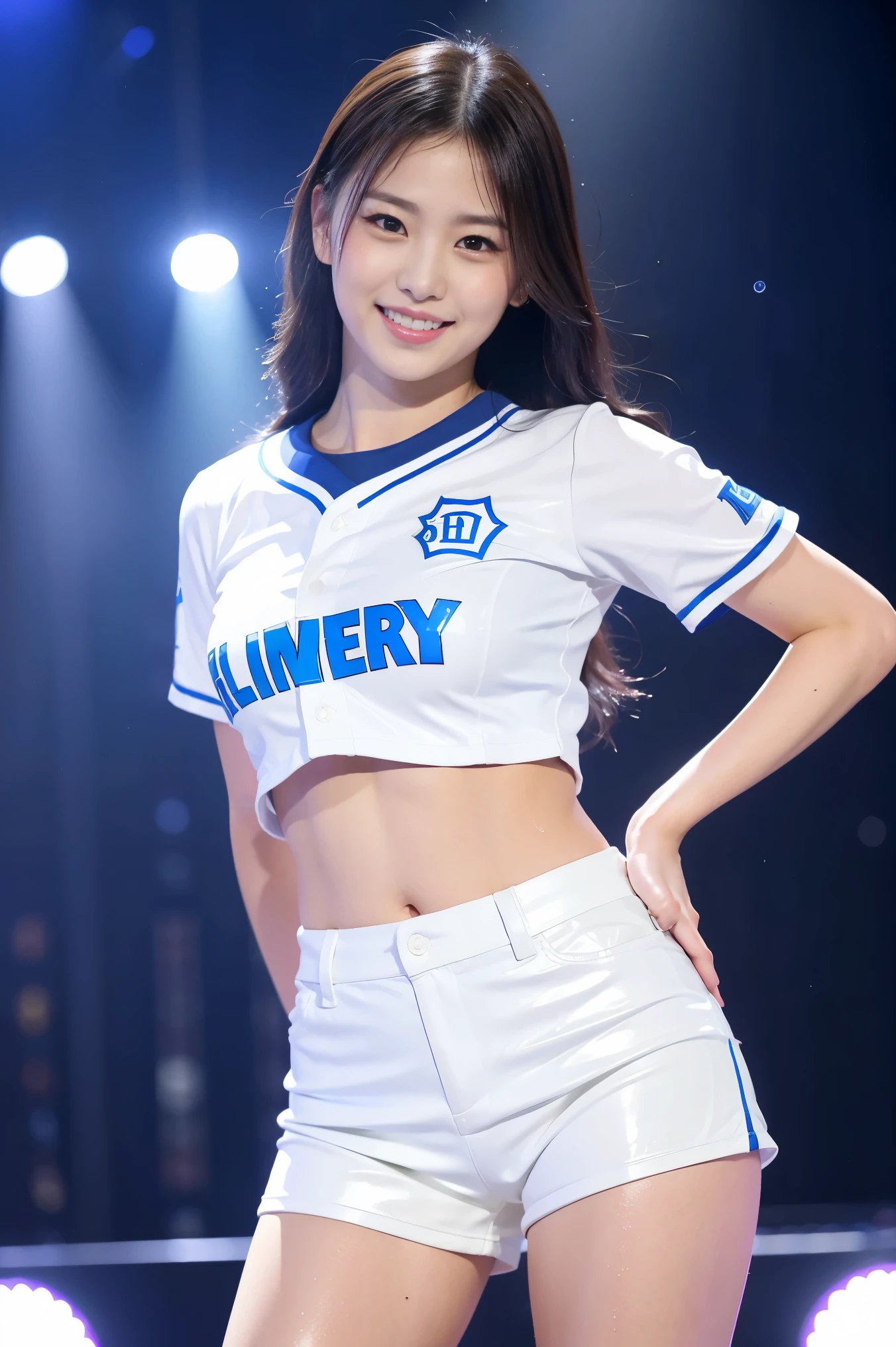 (8k), (highest quality: 1.2), (Realistic), (Realistic: 1.37), Ultra-high resolution, 1 girl, cute, (Embarrassed smile:1.2), (Blushing:1.4),Mouth closed, Beautiful details, Beautiful Nose, black straight Hair, Giant Dulcefo, pork, Thighs,Navel exposed,(fubon angels), (white baseball uniforms),(white tiny hot pants:1.2),Platform boots,Dancing on the stage,(Shiny Thighs:1.4),Medium Shot