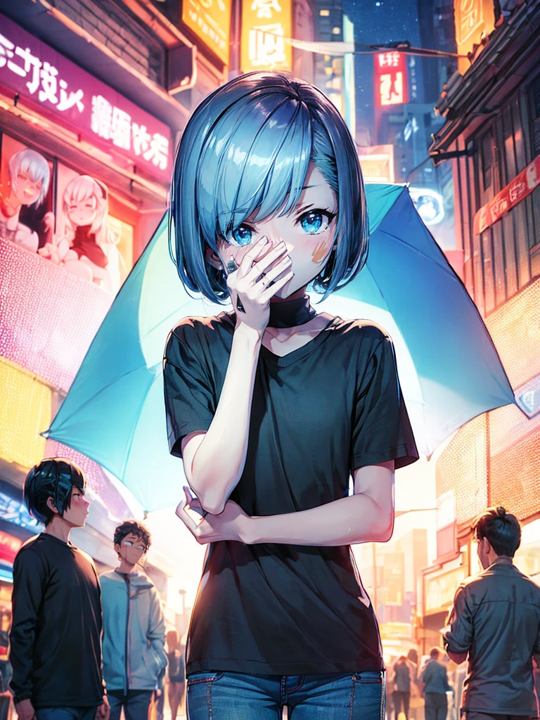 ((4K works))、masterpiece、(top-quality)、One beautiful boy、Slim body、tall、((Black Y-shirt and white pants、Charming British knight style))、Please wear one jacket、(Detailed beautiful eyes)、Fantastic Night City、((City under the stars))、Fantastic city at midnight、((Face similar to Carly Rae Jepsen))、((Short-haired white hair))、((Smaller face))、((Neutral face))、((Bright blue eyes))、((American adult male))、((Adult male 26 years old))、((Cool Men))、((Like a celebrity))、((Crying expression))、((sad look))、((Korean Makeup))、((elongated and sharp eyes))、((Happy dating))、((boyish))、((Upper body photography))、Professional Photos、((Shot alone))、((She is looking up at the sky under the roof))、((Shot from the side))、((Crying profile))、((Face crying in pain))、((He is looking upwards))、((His eyes are looking down))、((He stands next to the viewer))、((He who cries))、I'm crying on a stick.、Man crying while standing、Solitude、saddened、desolate、suffocating、heartbreaking、auw