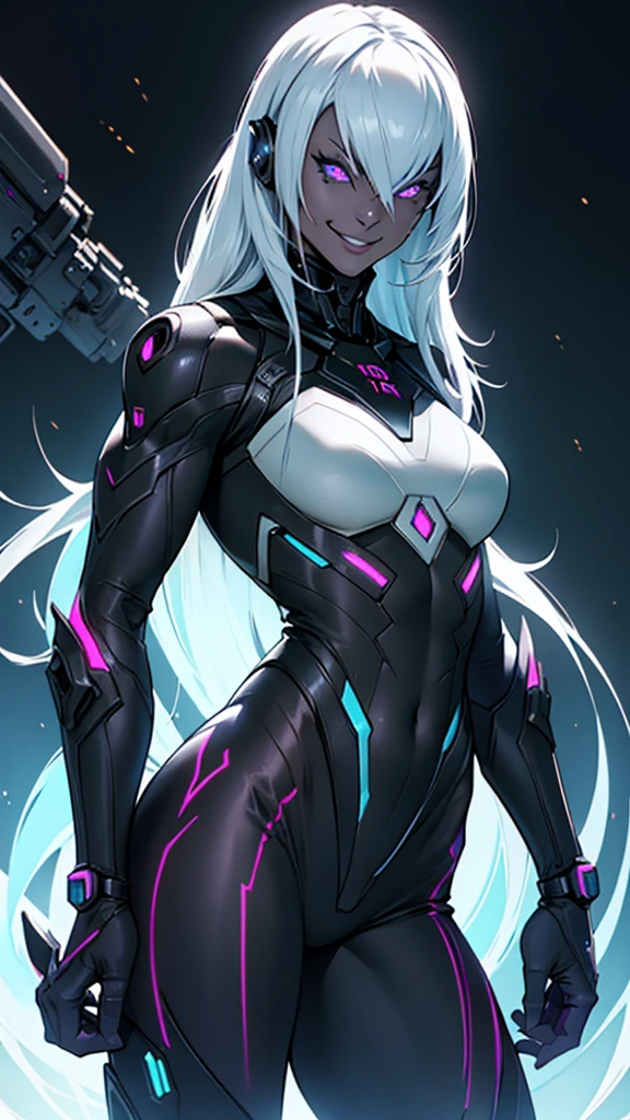 full body picture Unreal Engine 5 8K UHD of a beautiful adult girl, short white hair, wearing futuristic black tight battle suit, futuristic tight mask, futuristic neck collar, purple light details, evil face, best quality, masterpiece