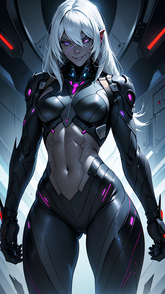 Cybernetic female alien with detailed muscles realistic masterpieces full figure pose (best quality,ultra-detailed), drow skin, small waist, large buttocks, (evil sinister smile), wearing black mobile cybernetic battle spacesuit