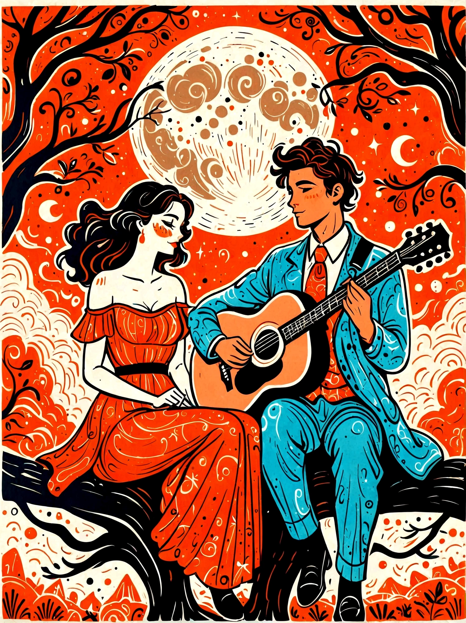 Cartoon hand drawn, Romantic ancient style,night,Backlight,A man and a woman sitting on a tree branch,Play guitar,There is a full moon behind,Alexander,repeat,Fresh colors,Soft colors,Diode lamp,Concept art style,extremely intricate details,Clear distinction between light and dark,Layering,Ultra high quality, Magical naive art,Bright blue and green,The color palette is in red, orange and black tones and has a sketchy style, The background should have a simple hand-drawn doodle pattern, 1shxx1