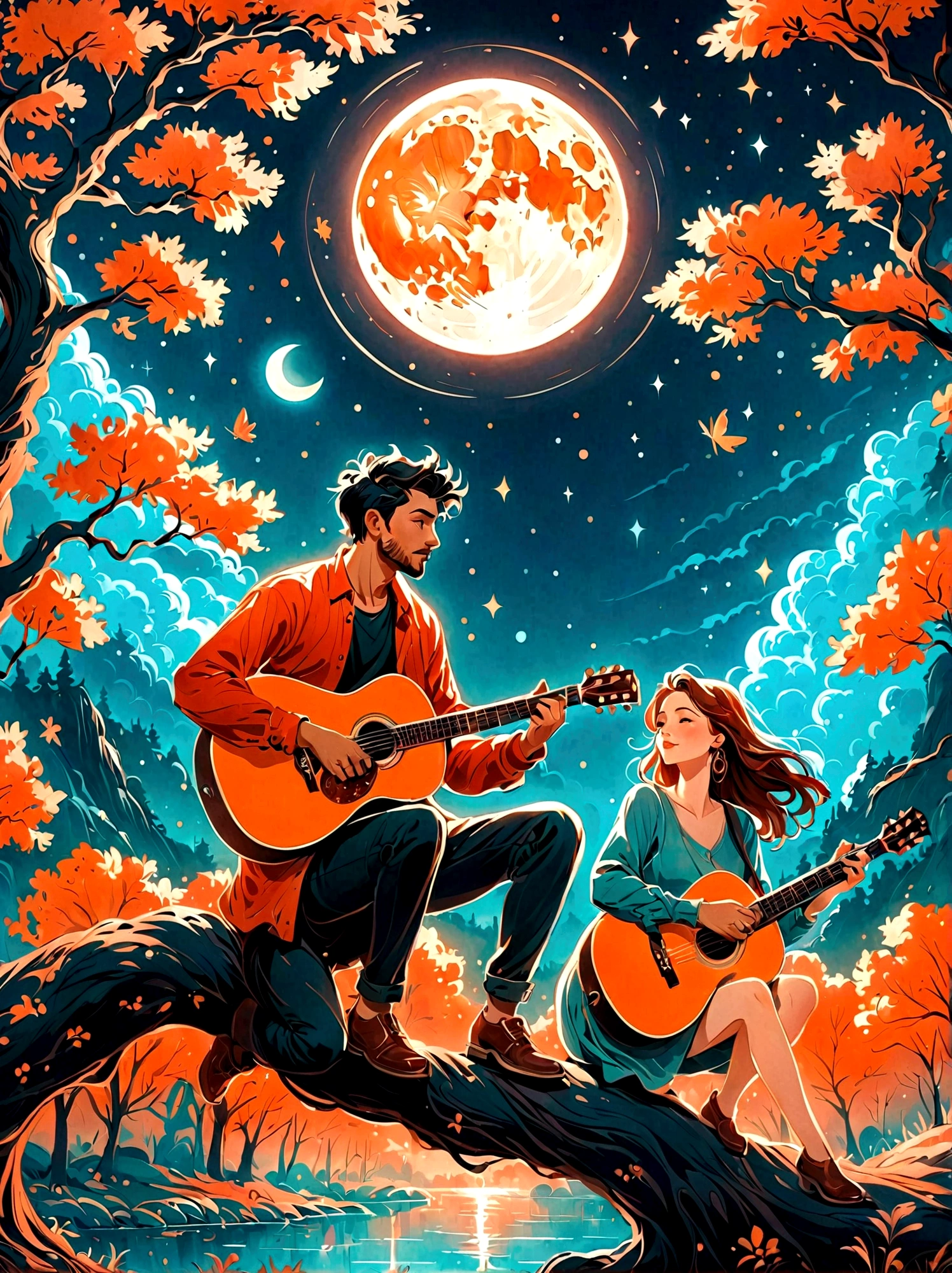 Cartoon hand drawn, Romantic ancient style，night，Backlight，A man and a woman sitting on a tree branch，Play guitar，There is a full moon behind，Alexander，repeat，Fresh colors，Soft colors，Diode lamp，Concept art style，extremely intricate details，Clear distinction between light and dark，Layering，Ultra high quality, Magical naive art，Bright blue and green，The color palette is in red, orange and black tones and has a sketchy style, The background should have a simple hand-drawn doodle pattern, 1shxx1