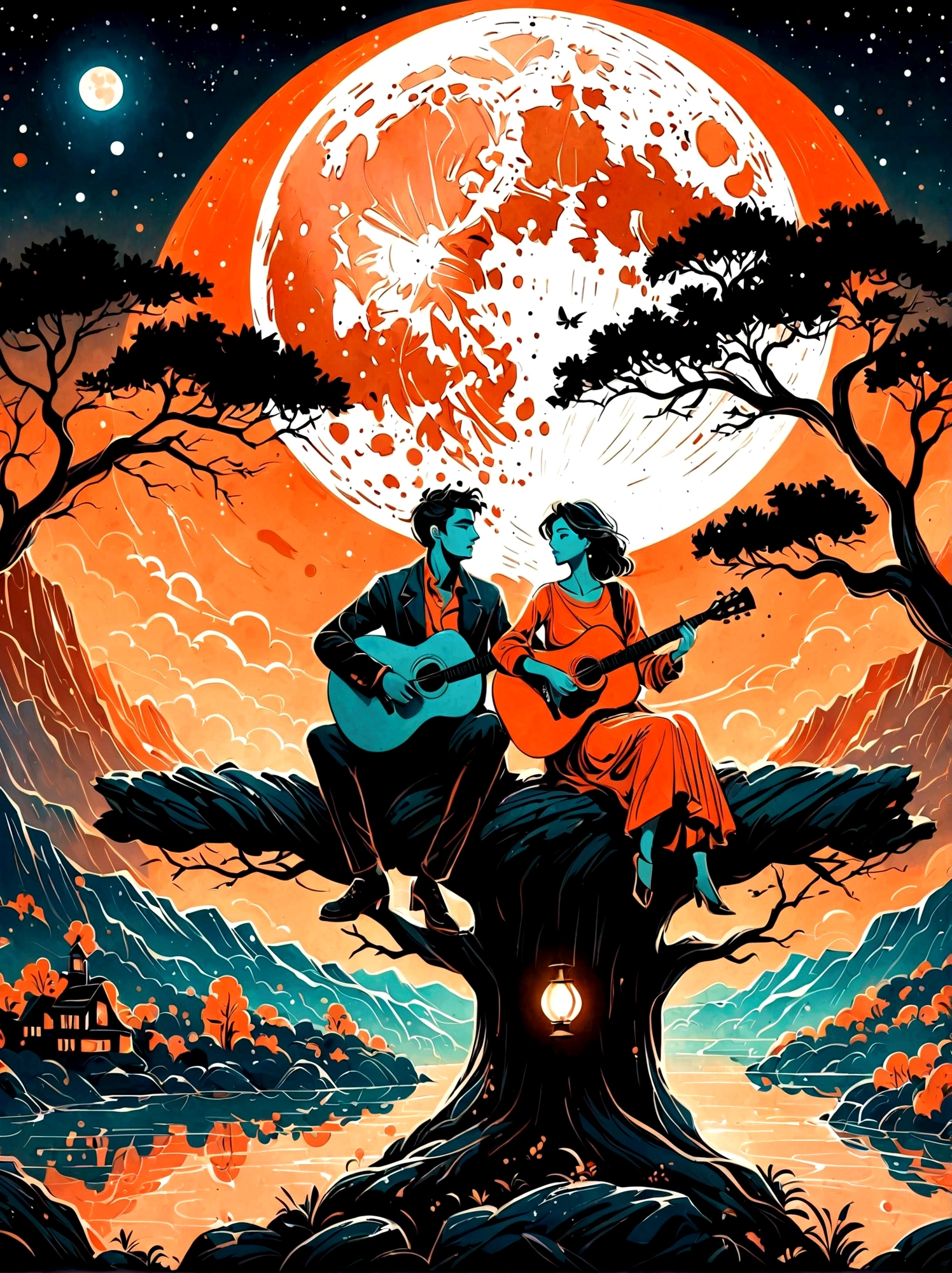 Cartoon hand drawn, Romantic ancient style,night,Backlight,A man and a woman sitting on a tree branch,Play guitar,There is a full moon behind,Alexander,repeat,Fresh colors,Soft colors,Diode lamp,Concept art style,extremely intricate details,Clear distinction between light and dark,Layering,Ultra high quality, Magical naive art,Bright blue and green,The color palette is in red, orange and black tones and has a sketchy style, The background should have a simple hand-drawn doodle pattern, 1shxx1