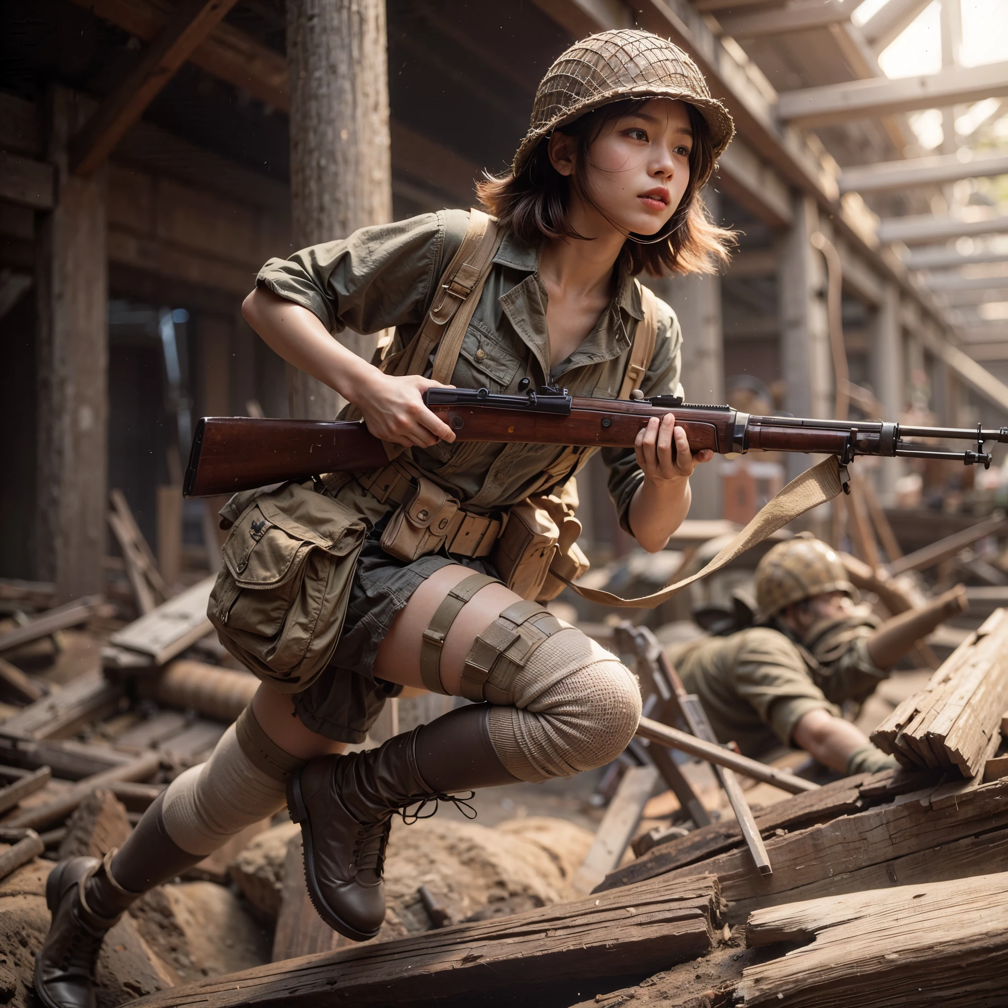 8k,Realistic Photo, Realistic Skin Texture, Superrealism, WWII, Infantry Rifle, Simple Wooden Armor, Old Japanese Army Female Soldier, Wiggy Head, Beautiful Face, Dirt, Leg Band, Very Complex Details, Very Realistic Texture, Sweat, Moving, Alert, DamagedAncient ruins background, photo realistic, taken with Fuji film X-T30+Nokton. HDR10