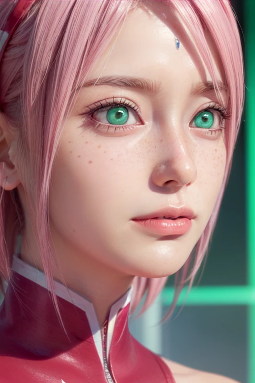 young woman, bubblegum pink hair, wide forehead, emerald green eyes, upturned nose, freckles on nose, thick pink lips, heart-shaped face, red clothes, Sakura Haruno, realism, well detailed, 3d