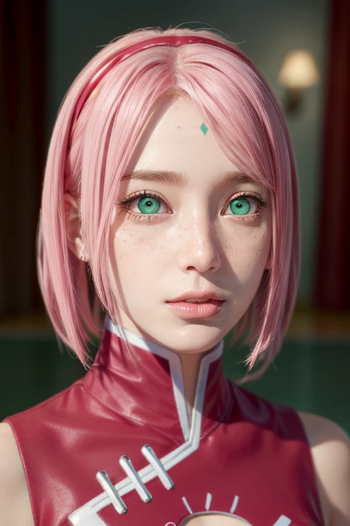 young woman, bubblegum pink hair, wide forehead, emerald green eyes, upturned nose, freckles on nose, thick pink lips, heart-shaped face, red clothes, Sakura Haruno, realism, well detailed, 3d
