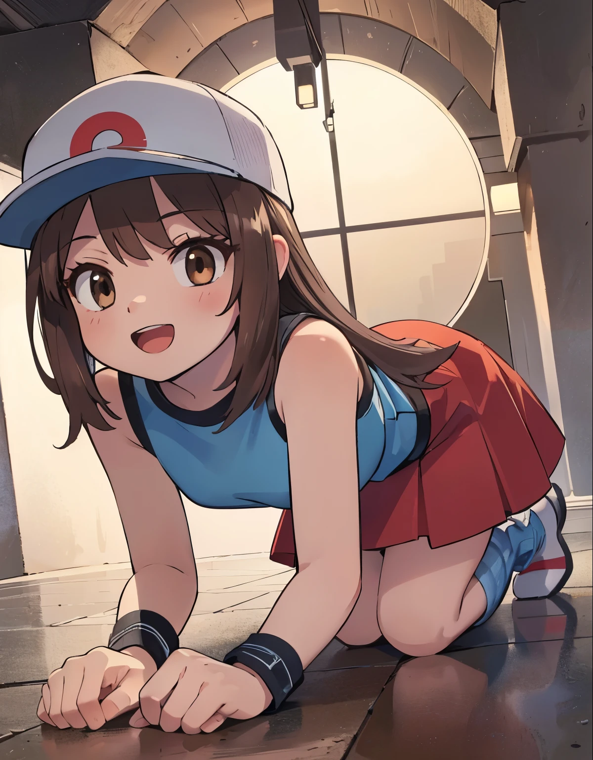 (best quality,4k,8k,highres,masterpiece:1.2),ultra-detailed,(realistic,photorealistic,photo-realistic:1.37)highres,portrait,beautiful girl, ultra-detailed, realistic:1.37, sketches, 1trainerleaf1, full body, sleeveless shirt, black wristbands, visible thighs,red skirt,blue shirt, loose socks, white footwear,sexy pose,smile,upskirt,white panties,brown hair, hat, brown eyes,beautiful detailed eyes,long lashes,beautiful eyes, anime style eyes, perfect hands, dinamic pose, loved look, open mouth, smile, encanto fe******, pokeballs, a girl crawling inside a ventilation tunnel, view from behind, detailed face and hands, extremely realistic, 8K, highly detailed, photorealistic, intricate details, ambient occlusion, cinematic lighting, dramatic shadows, moody atmosphere, warm color tones, beautiful texture, intricate mechanical patterns, claustrophobic environment, dramatic lighting, intense detail, hyper-realistic, cinematic camera angle, depth of field, high quality, masterpiece