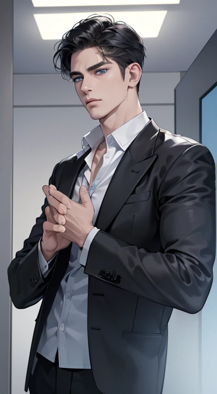 (best quality, masterpiece, 8K, photorealistic, cinematic lighting, 1:4 hdr image, ultra detailed, beautiful image), a mature man, 34 years very handsome, ((cold expression)), short black hair, blue eyes, face perfect without mistakes, ((buttoning his jacket, CEO))