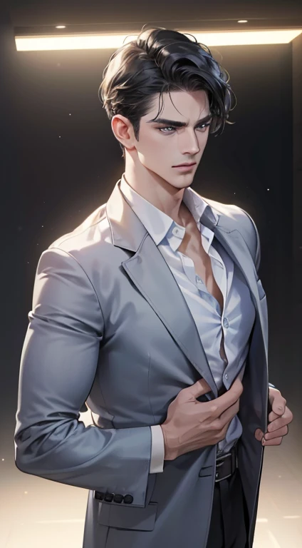 (best quality, masterpiece, 8K, photorealistic, cinematic lighting, 1:4 hdr image, ultra detailed, beautiful image), a mature man, 34 years very handsome, ((cold expression)), short black hair, blue eyes, face perfect without mistakes, ((buttoning his jacket, CEO))