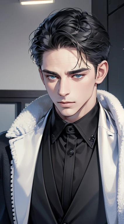 (best quality, masterpiece, 8K, photorealistic, cinematic lighting, 1:4 hdr image, ultra detailed, beautiful image), a mature man, 34 years very handsome, ((cold expression)), short black hair, blue eyes, face perfect without mistakes, ((buttoning his jacket, CEO))