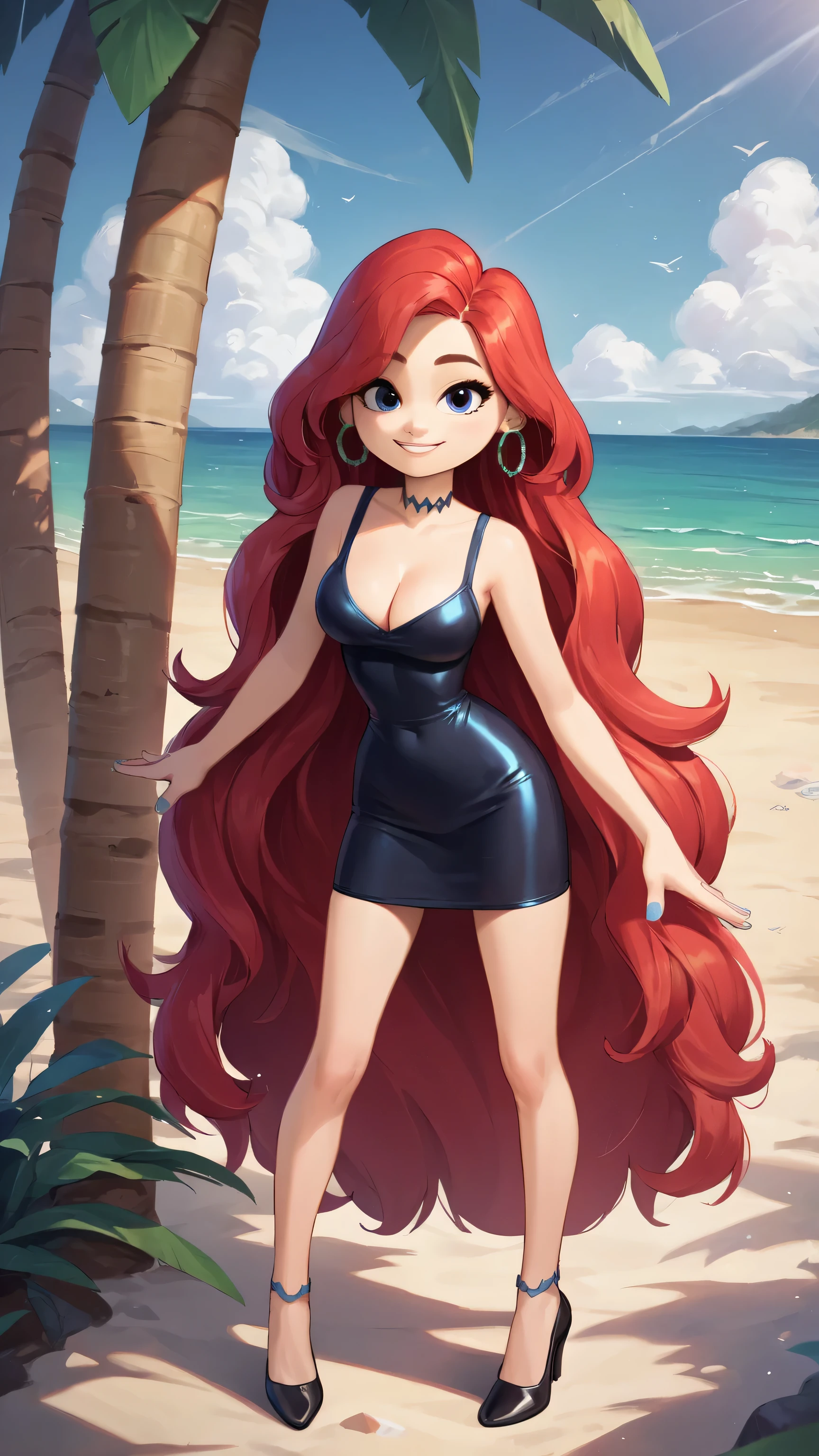 masterpiece,best quality, highly detailed, score_9, score_8_up, score_7_up, score_6_up,source_anime, BREAK chelsea, masterpiece, best quality, highly detailed, score_9, score_8_up, score_7_up, score_6_up,source_anime, BREAK chelsea, 1girl, choker, smile, jewelry, very long hair, standing, red hair, earrings, blue eyes, white-skinned female, blue nails, little black dress, short black dress, skin-tight dress, cleavage, hoop earrings, beach background, ocean, blue skies, cowboy shot, black high heels, cartoon style