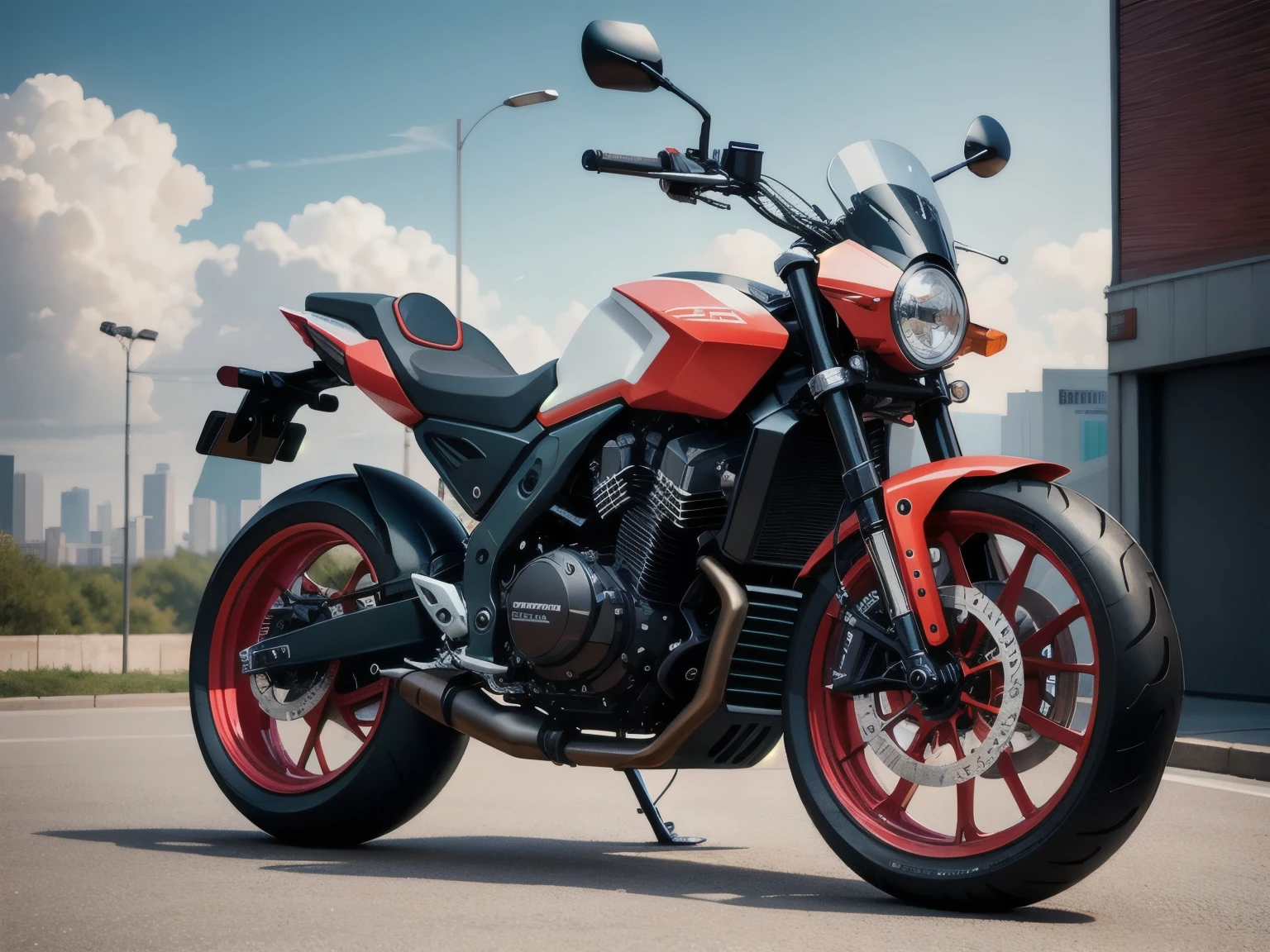 concept motorcycle, best quality, product design, front three-quarter view, concept design, industrial design, best quality, realistic, modern city background