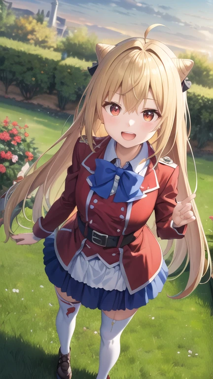 masterpiece, best quality, highres, 1girl, solo, long hair, blonde hair, cone hair bun, hair ornament, hair intakes, ahoge, bangs, red eyes, blue bowtie, red jacket, red coat, long sleeves, belt, white skirt, garter straps, white thighhighs, sunset, garden, (from above:1.2), standing, full body, smile, open mouth,