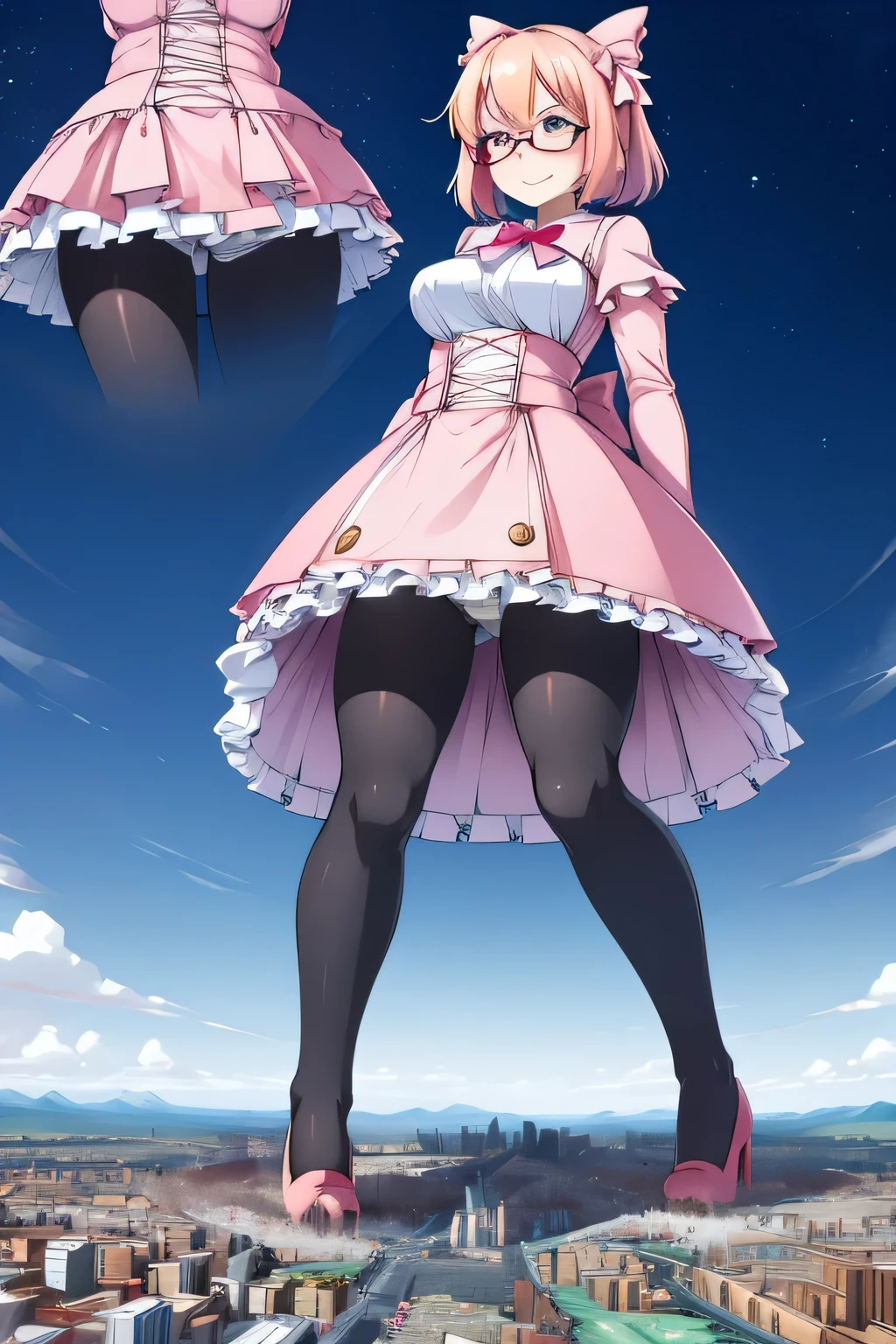 giantess art, highly detailed giantess shots, giantess, Two legs, Five fingers, short hair, A beautiful girl who is bigger than a skyscraper, Wearing rimless glasses, smile, Big Breasts, pink dress, bow, magical girl, magical wand, black pantyhose, pink stiletto heels, shoots lightning from the magical wand, Destroying cities, A very small big city, Miniature metropolis, Full body description, GTS, giga giantess, stomping city, crash city, tiny city, micro city, pantyhose feet, High resolution, highest quality, masterpiece,