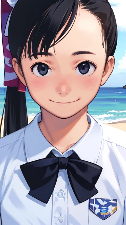 (1 girl, alone, Japanese Girls), 13 years old,highest quality,  8k, High resolution, Super detailed, (Portraiture), Recall, Black Hair, ponytail, Shiny skin, Flat Chest, smile,  (Middle school students:1.5, uniform, White collared shirt, bow tie,), summer, blue sky, thunder head, Ocean,