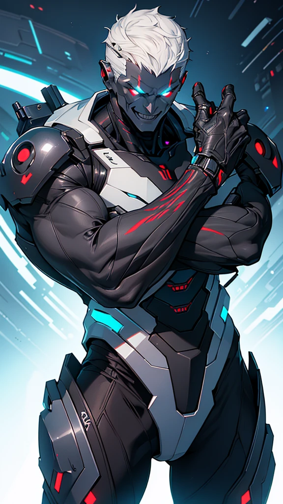 Cybernetic alien with detailed muscles realistic masterpieces full figure pose (best quality,ultra-detailed), pale skin, short hair, (evil sinister smile), wearing black mobile cybernetic battle spacesuit