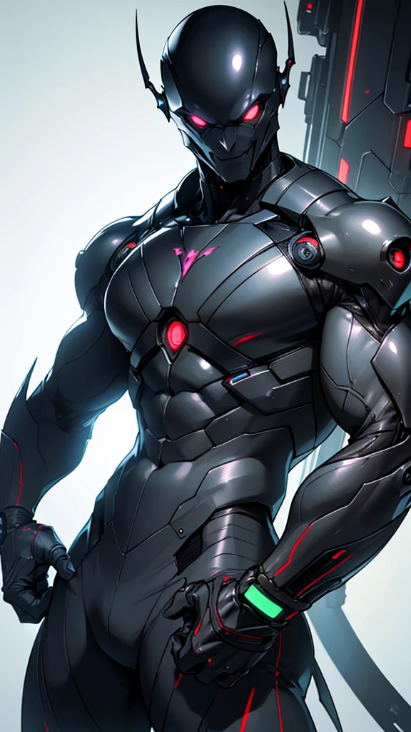 Cybernetic alien with detailed muscles realistic masterpieces full figure pose (best quality,ultra-detailed), pale skin, short hair, (evil sinister smile), wearing black mobile cybernetic battle spacesuit