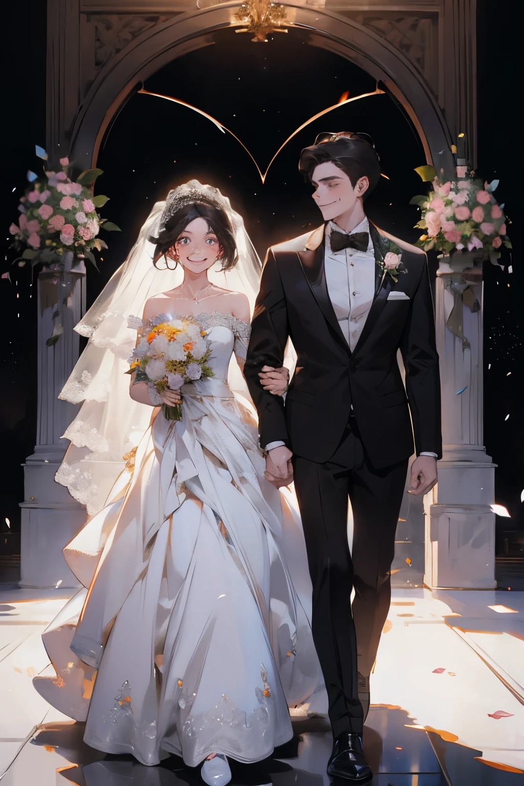 Wedding scene，The bride in a white wedding dress is walking towards me with a bouquet of flowers，Smiling slightly，Perfect face，Black Hair，Perfect face，Full body portrait