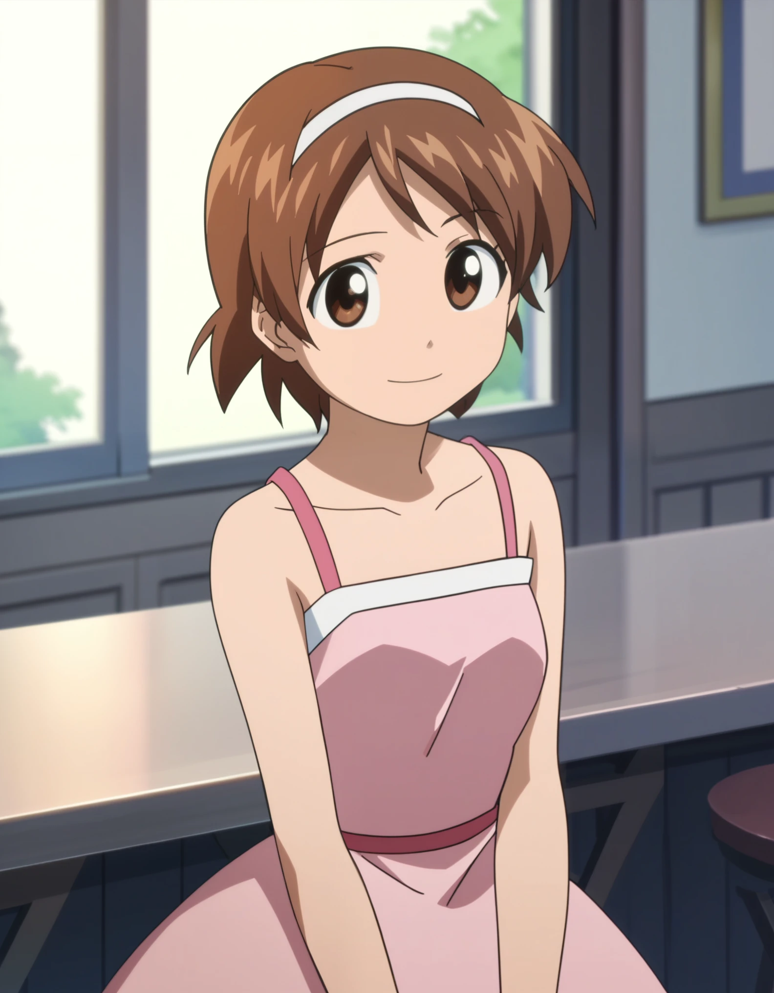 score_9, score_8_up, score_7_up, source_anime, anime screencap, anime coloring,
sanae, 1girl, solo, brown hair, brown eyes, hairband, short hair, smile, dress, pink dress, bare shoulders, skirt, blue skirt, upper body,