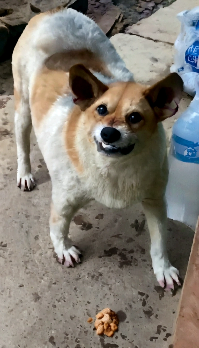 there is a dog that is standing on the sidewalk with a piece of food, very silly looking, cute furry needs your help, very slightly smiling, help me, she has a cute expressive face, derp, large eyes and menacing smile, a still of a happy, very handsome, looking surprised, she has a cute face, sparky, extremely handsome
