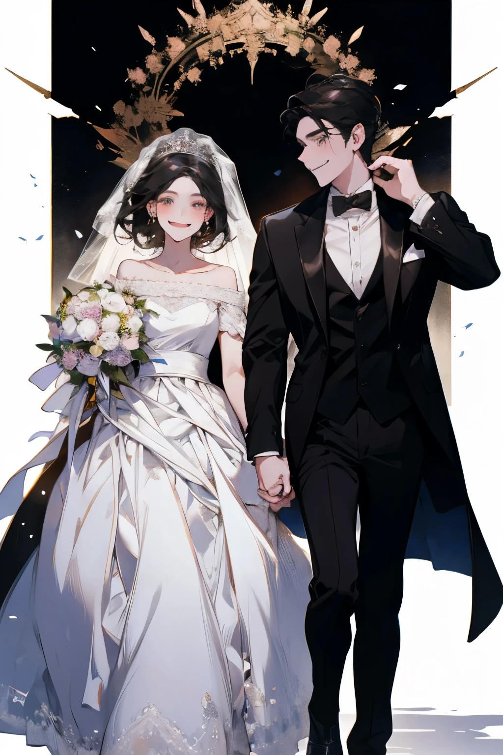 Wedding scene，The bride in a white wedding dress is walking towards me with a bouquet of flowers，Smiling slightly，Perfect face，Black Hair，Perfect face，Full body portrait