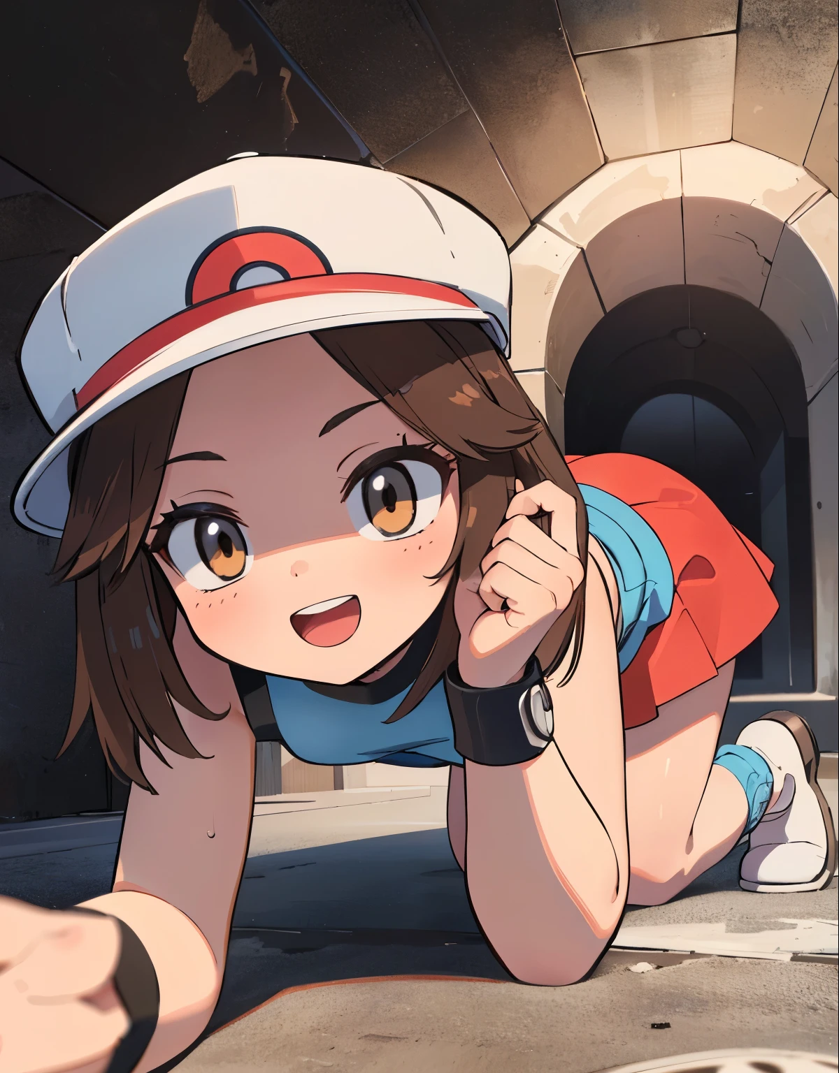 (best quality,4k,8k,highres,masterpiece:1.2),ultra-detailed,(realistic,photorealistic,photo-realistic:1.37)highres,portrait,beautiful girl, ultra-detailed, realistic:1.37, sketches, 1trainerleaf1, full body, sleeveless shirt, black wristbands, visible thighs,red skirt,blue shirt, loose socks, white footwear,sexy pose,smile,upskirt,white panties,brown hair, hat, brown eyes,beautiful detailed eyes,long lashes,beautiful eyes, anime style eyes, perfect hands, dinamic pose, loved look, open mouth, smile, encanto fe******, pokeballs, a girl crawling inside a ventilation tunnel, view from behind, detailed face and hands, extremely realistic, 8K, highly detailed, photorealistic, intricate details, ambient occlusion, cinematic lighting, dramatic shadows, moody atmosphere, warm color tones, beautiful texture, intricate mechanical patterns, claustrophobic environment, dramatic lighting, intense detail, hyper-realistic, cinematic camera angle, depth of field, high quality, masterpiece