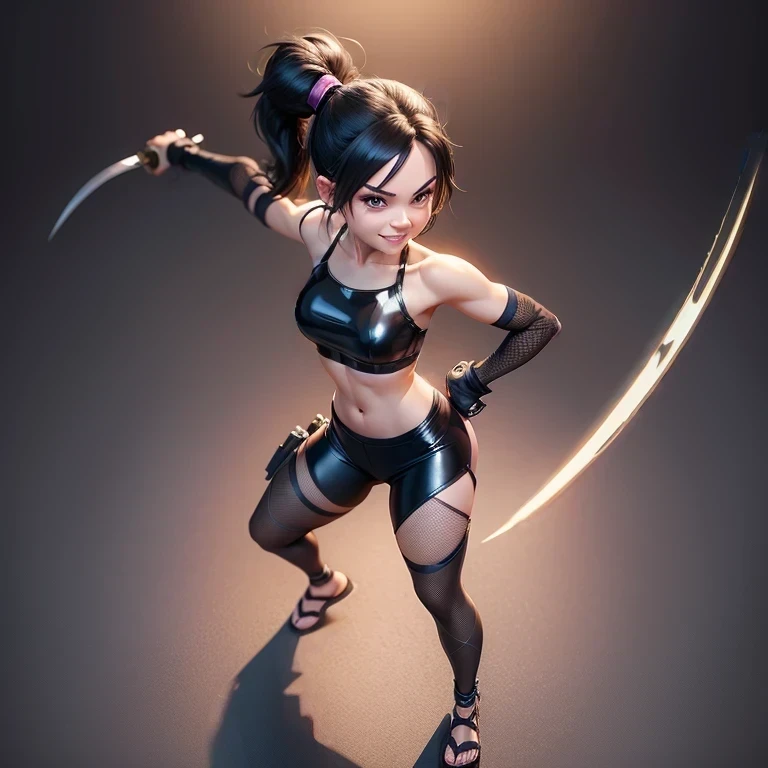 2D cartoon illustration, Disney style 2D illustration, SD mini-size body, SD little-size body, frontal Standing pose, (ninja-Sandals, black ponytail-hair rogue, hold daggers, smile), none background,