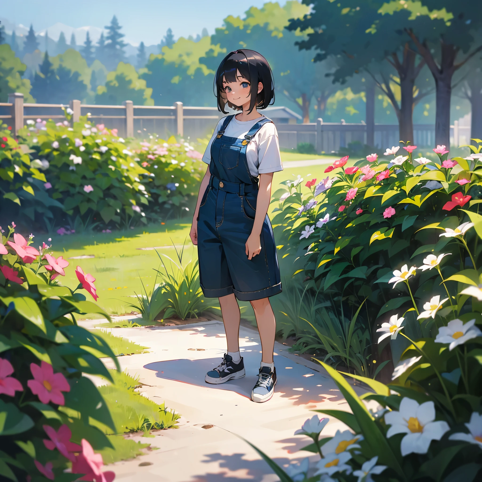 (high quality, High resolution, Very detailed, reality:1.37), Peaceful atmosphere, (Outdoor, garden), Teenage girl standing alone, (my breasts are big.), Beautiful details, Cute Smile, (Black bob hair), Short sleeve shirt, Overalls, Blue socks, sneakers.