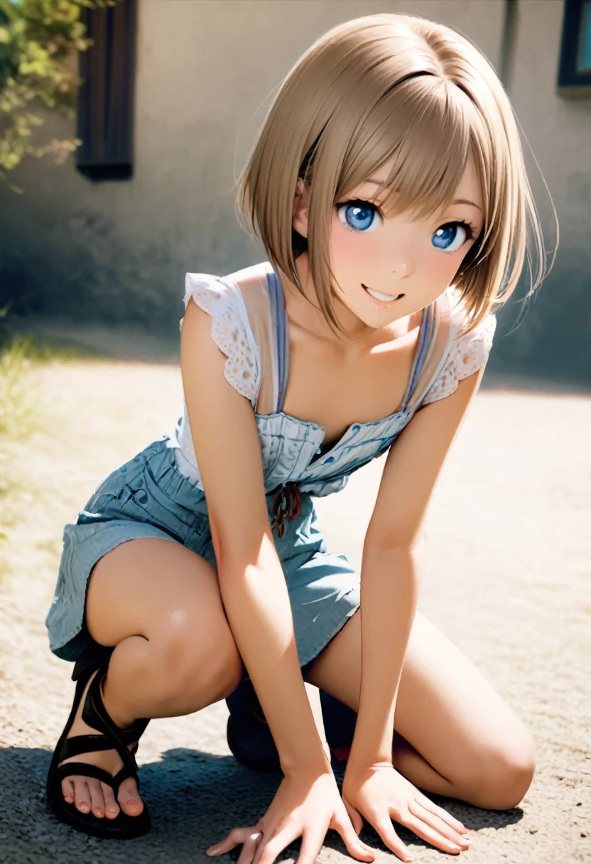 1 girl, 18yo, (flat chest: 1.5), blue eyes, light brown hair, bob cut, early summer outfit, smiling, crouching, having fun, full body, simple background, 8k, RAW photo, best quality, masterpiece, extremely detailed 8k wallpaper, ultra-detailed, best shadow, detailed background, beautiful detailed face, beautiful detailed eyes, nice hands, perfect hands