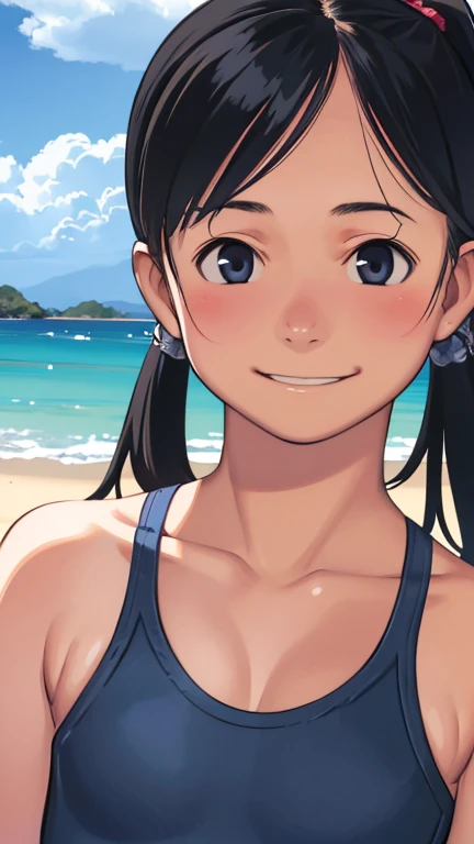 (1 girl, alone, Japanese Girls), 13 years old,highest quality,  8k, High resolution, Super detailed, (Portraiture), Recall, Black Hair, ponytail, Shiny skin, Flat Chest, smile,  (Middle school students:1.5, One piece swimsuit), summer, blue sky, thunder head, Ocean,