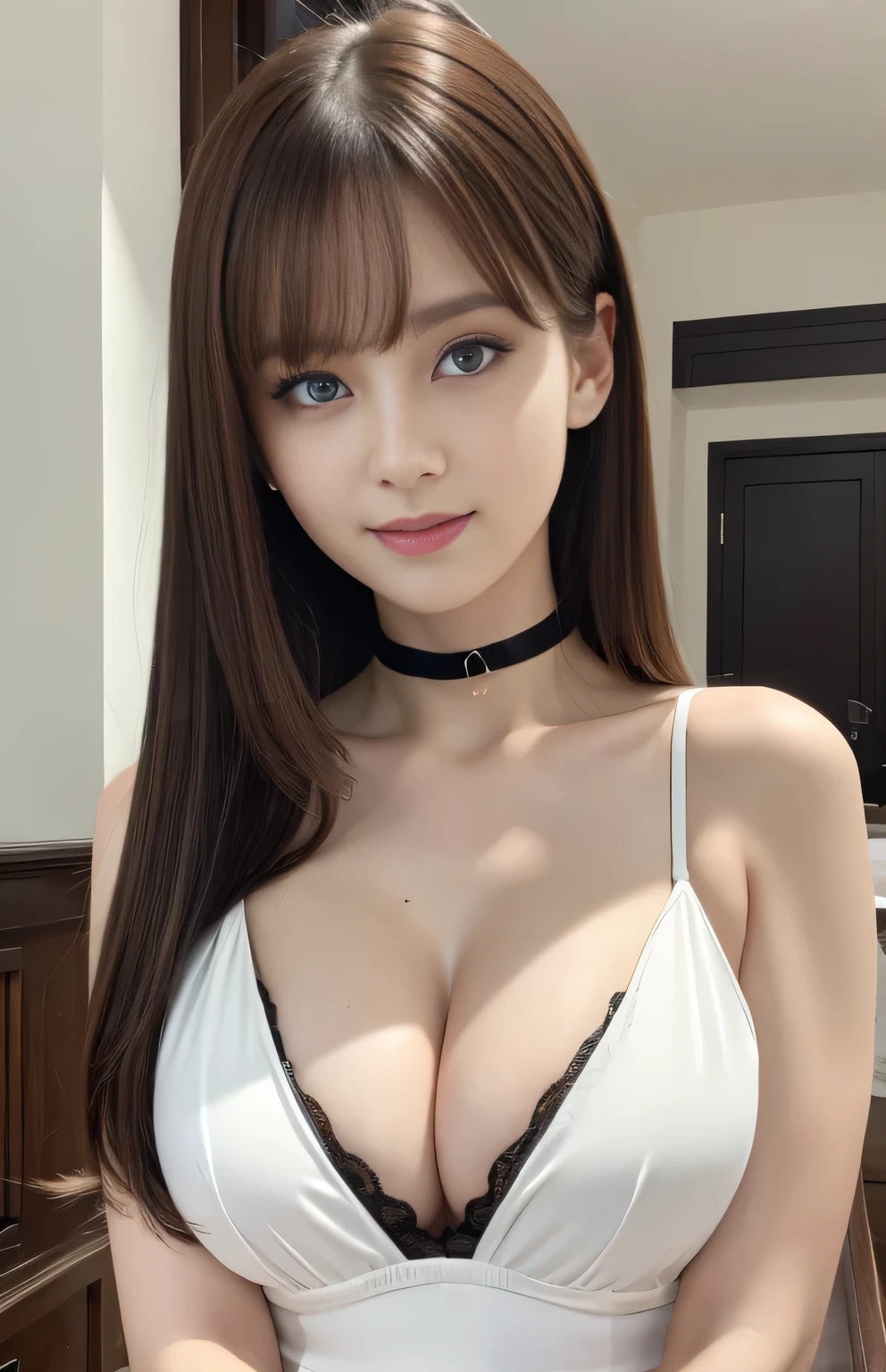 (Surreal), (shape), (Increased resolution), (8k), (Very detailed), (Best shape), (Beautiful and detailed), (highest quality), (Very detailed), (masterpiece), (wallpaper), (Detailed face), 1 girl, White Dress, Big and loose breasts, Looking at the audience, The finer details, Detailed face, Deep Shadow, secret key, Pure erotic face ace_v1, smile, Long Hair, Brown straight hair , 46 point diagonal bangs, ((Black choker)), Blue Eyes, Big Breasts, Very long eyelashes, Curved waist, Bright interior