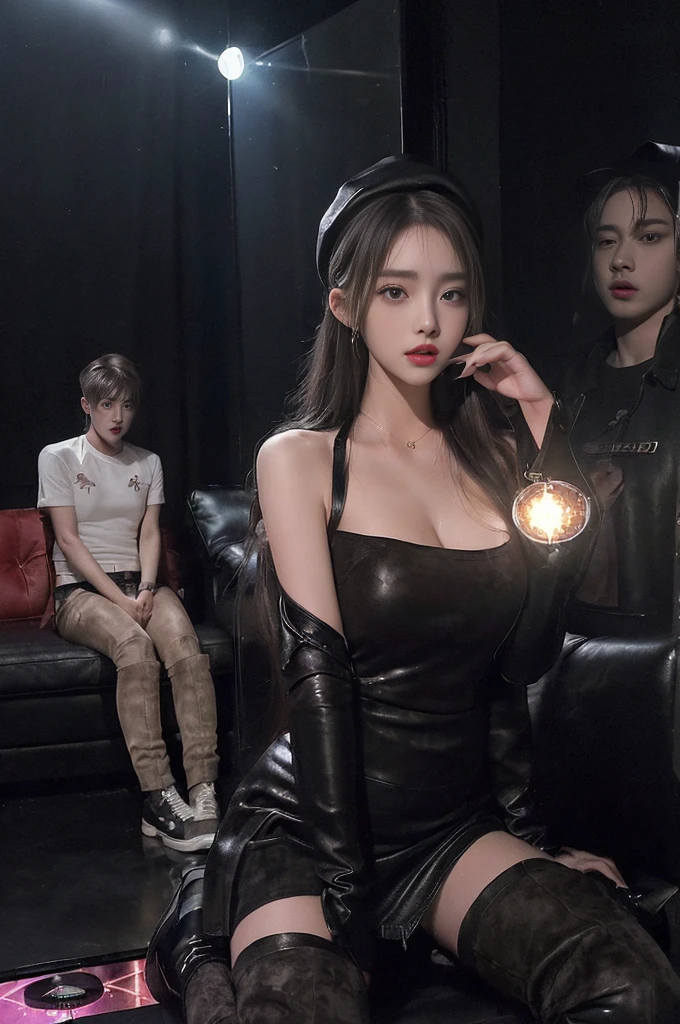 (high quality), (NSFW:1.2), (dark lighting karaoke room:1.3),(one girl is being raped by number of boys on leather sofa.:1.5), (a girl is 20 years old:1.3), (her body is very slim and attractive.:1.4), (her costume is feminine as follows. : 1.3), (Dyed fancy hair :1.3), (fleece beret:1.2),(Knit that sticks to the body :1.2), (Miniskirt that clings to the hips and thighs :1.3), (Her legs are beautiful that weared shiny pantyhose. :1.3),(feminine accessories :1.3), (Heavy face makeup and nail art on the nails : 1.3), (Over_knee Suede Long boots high heels : 1.4), (they are wearing men's wear and sneakers except her : 1.5), (boys sitting on both sides of her they are being touched her body :1.4), (She is caught and sexually harassed by boys : 1.5), (all korean agers : 1.6), (She is being blackmailed by them.:1.4), (There is karaoke equipment in the background:1.3), (the mirror_ball lighting is shining in a dark room in karaoke : 1.5),