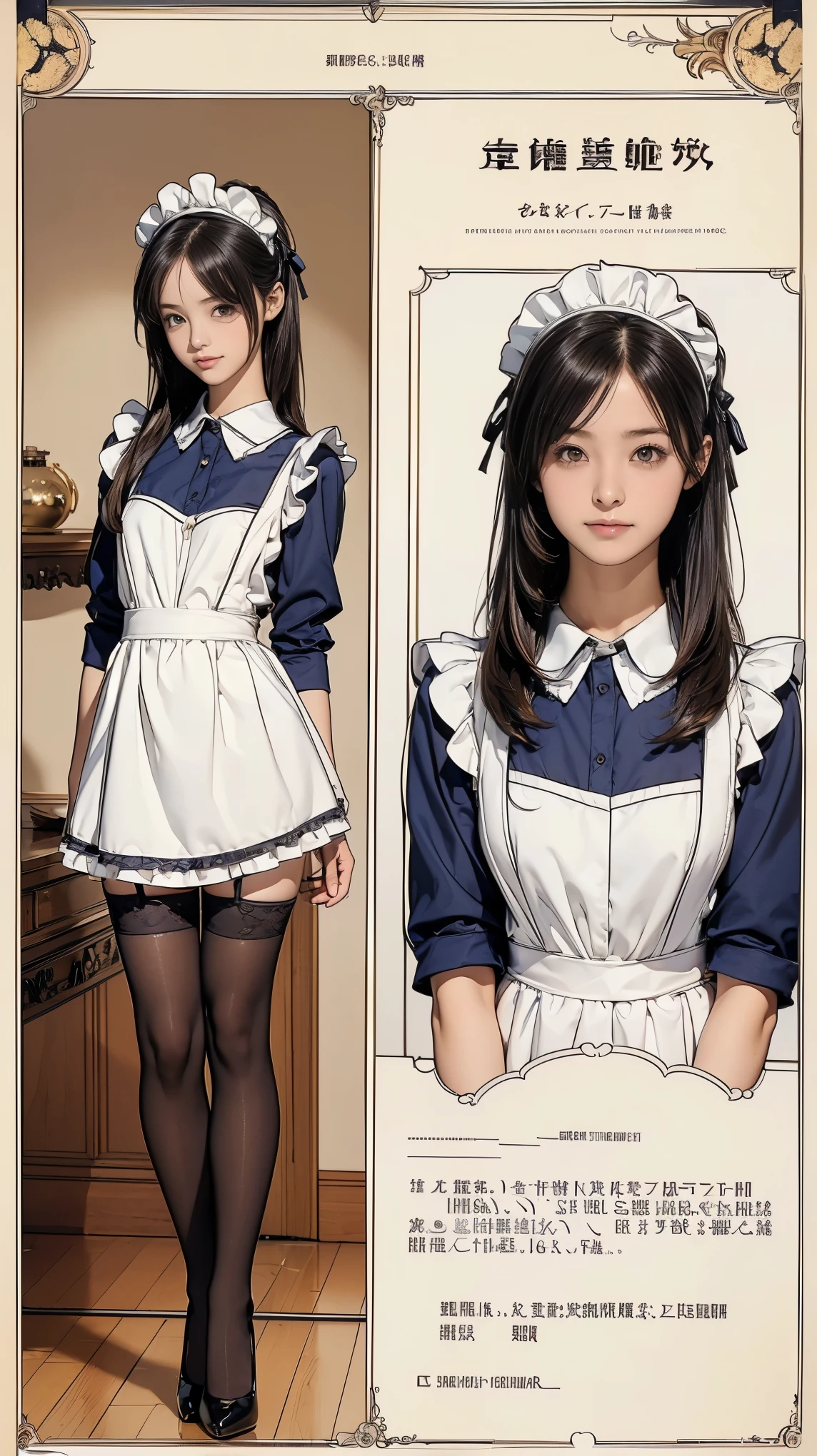 ((masterpiece)),(((highest quality))),((Reference Sheet, Character Design, front, return, ~ ~ side, Mr..々Hairstyle, Mr..々Performance, Facial Expressions)), 14-year-old girl, Cute type, The best smile:1.5,(Very slim:1.4), (Very small ass:1.4), Realistic buttocks, Big Breasts, Short Bob, Thin thighs, Long legs, It's not a big deal, ((Dress and stockings, Gorgeous maid, Maid clothes,Hair Ribbon)), ((Browsing Caution:1.0))
