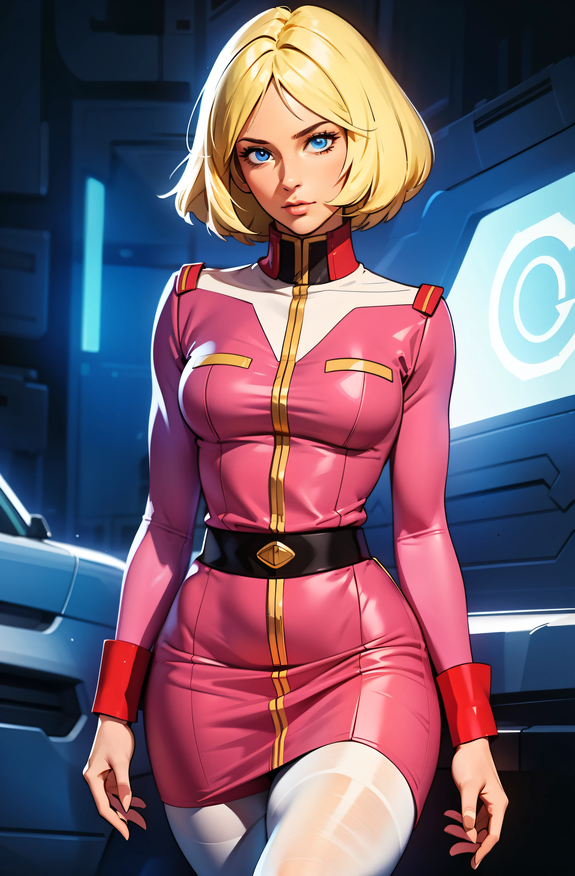 ((masterpiece)), ((cinematic lighting)), realistic photo、Real Images、Top image quality、1girl in, sayla mass, Elegant, masterpiece, Convoluted, slim arms, wide hips, thick thighs, thigh gaps, Best Quality, absurderes, high face detail, Perfect eyes, mature, Cowboy Shot, , Vibrant colors, soft pink uniform, soft pink Skirt, white tights