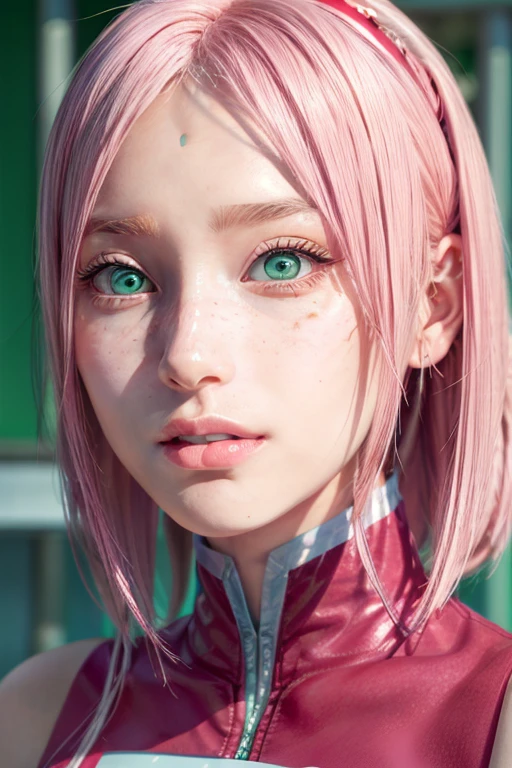 young woman, bubblegum pink hair, wide forehead, emerald green eyes, upturned nose, freckles on nose, thick pink lips, heart-shaped face, red clothes, Sakura Haruno, realism, well detailed, 3d