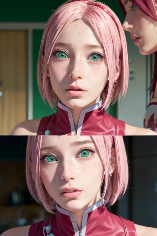 young woman, bubblegum pink hair, wide forehead, emerald green eyes, upturned nose, freckles on nose, thick pink lips, heart-shaped face, red clothes, Sakura Haruno, realism, well detailed, 3d