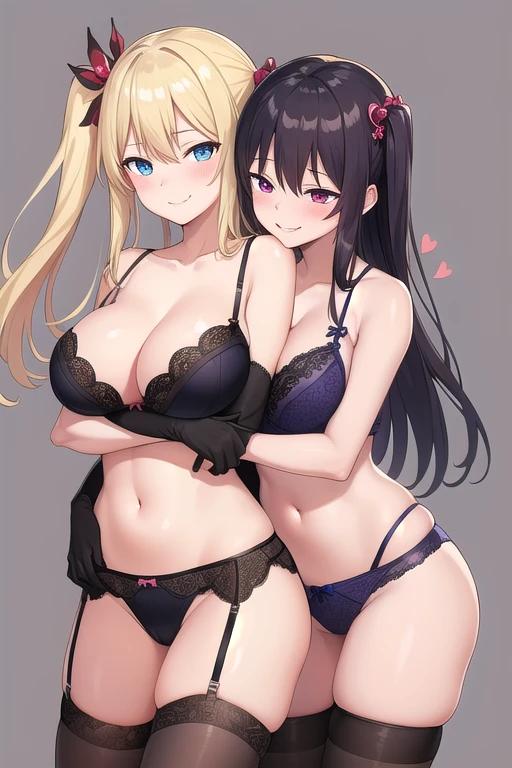 ((Masterpiece, best quality)),edgQuality smiling,smug, edgHL,hentai_lingerie, 2girls, yuri, seductive pose, hug from behind, breasts, large breasts, random hair, hair ornament, thighhighs, sexy lingerie, gloves, bow, navel, bare shoulders, heart pasties ,wearing edgHL, simple background,