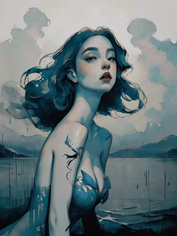 (best quality,ultra-detailed,realistic,ink drawing:1.2),wind-blown hair,woman,((Ashley Wood style)),female figure,expressive eyes,gently flowing dress,graceful pose,subtle shading,striking composition,dynamic lines,vibrant ink strokes,contrasting light and shadow,intricate details,artistic flair,monochrome palette,emotionally charged,subdued background,fine art quality,mesmerizing beauty,hint of mystery,atmospheric ambiance,whimsical elements,depth and texture,ethereal aura,sophisticated elegance,impeccable craftsmanship,skillful ink work,thought-provoking,imagination-stirring,unforgettable impression,ink on paper effect,organic and fluid,unique visual style,touched by artistic genius,intense and captivating,classic yet contemporary,visually stunning composition best quality,4k,8k,highres,masterpiece:1.2,ultra-detailed,photorealistic,advertising poster,mermaid,storm,monochromatic,harrowing,contrasting colors,dynamic lighting,water reflections,striking composition,dramatic atmosphere,mysterious concept