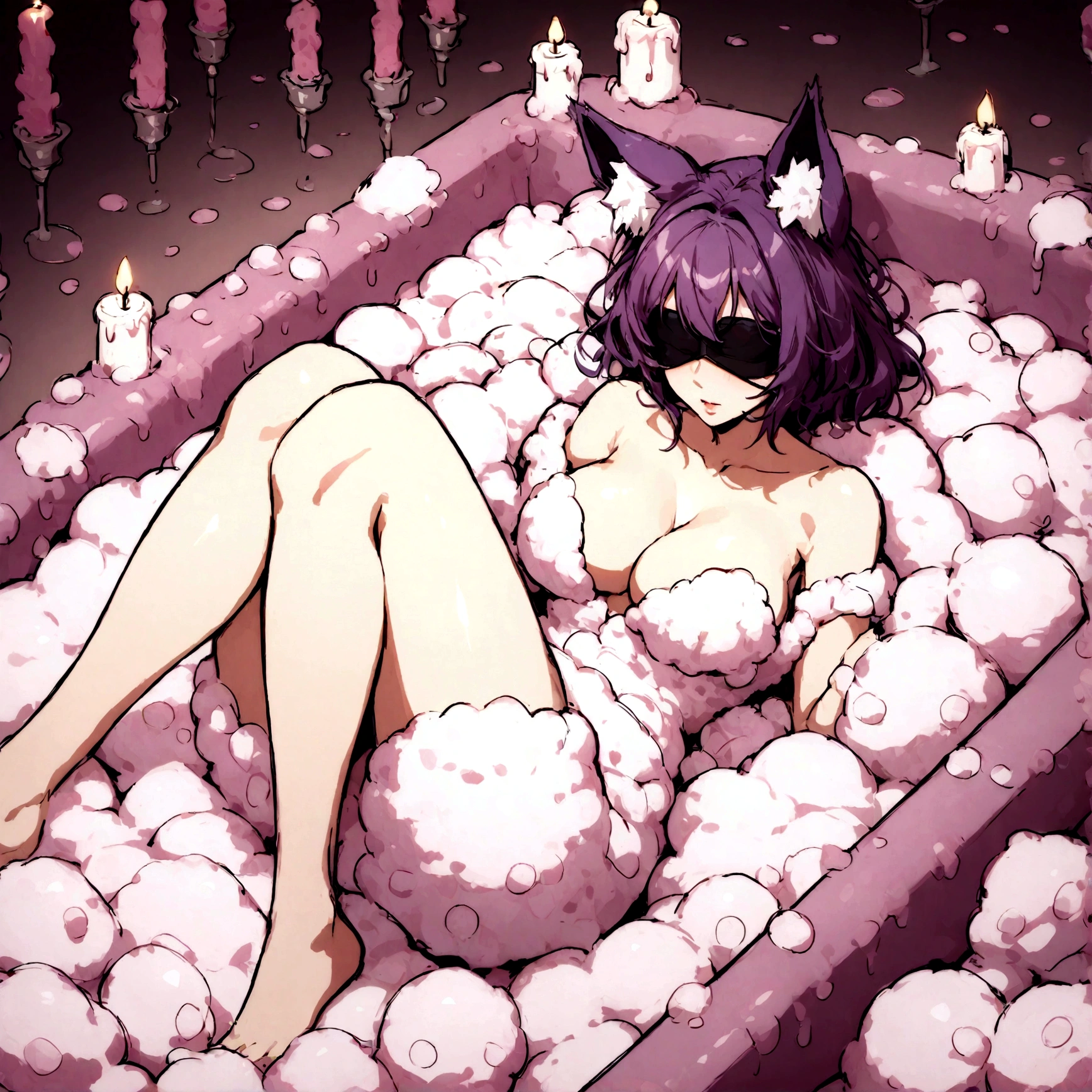a sexy milf with a blindfold on, has very long purple hair, breasts, showing cleavage, has fox ears, lounging inside bubble bath, only covered by bubbles, surrounded by candles and soft multi colored fuzzy plushies, in bath tub