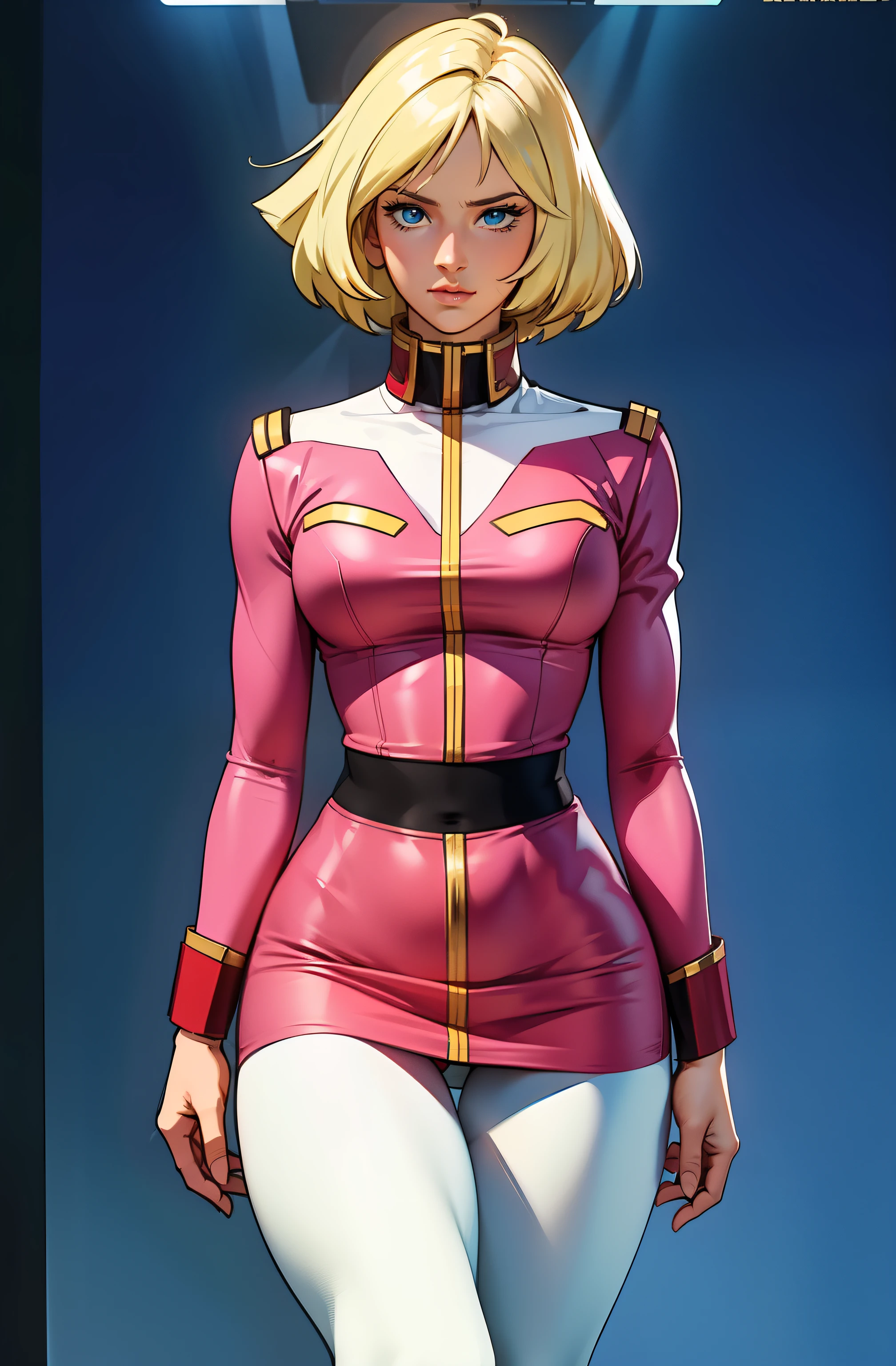 ((masterpiece)), ((cinematic lighting)), realistic photo、Real Images、Top image quality、1girl in, sayla mass, Elegant, masterpiece, Convoluted, slim arms, wide hips, thick thighs, thigh gaps, Best Quality, absurderes, high face detail, Perfect eyes, mature, Cowboy Shot, , Vibrant colors, soft pink uniform, soft pink Skirt, white tights