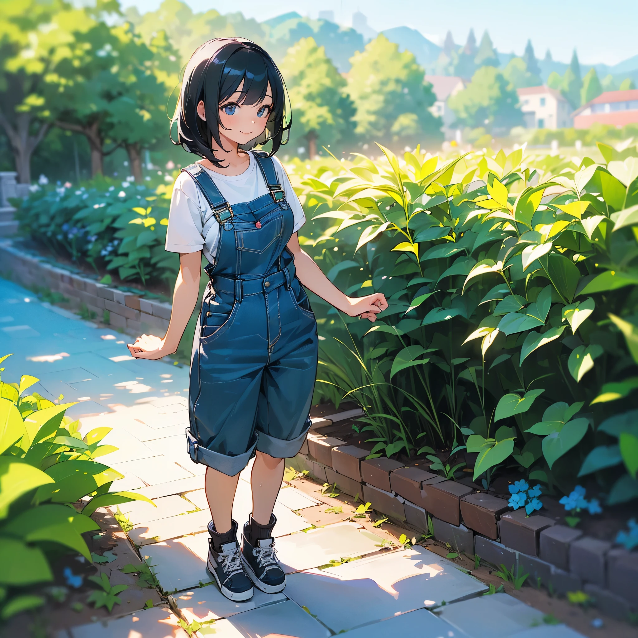 (high quality, High resolution, Very detailed, reality:1.37), Peaceful atmosphere, (Outdoor, garden), age girl standing alone, (my breasts are big.), Beautiful details, Cute Smile, (Black bob hair), Short sleeve shirt, Overalls, Blue socks, sneakers.