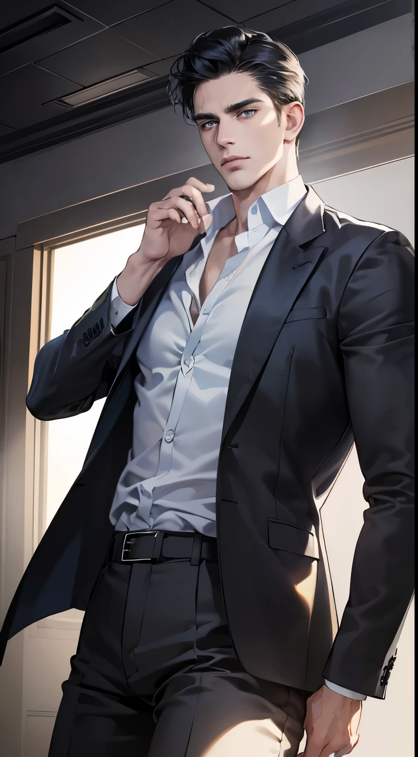 (best quality, masterpiece, 8K, photorealistic, cinematic lighting, 1:4 hdr image, ultra detailed, beautiful image), a mature man, 34 years very handsome, ((cold expression)), short black hair, blue eyes, face perfect without mistakes, ((buttoning his jacket, CEO))