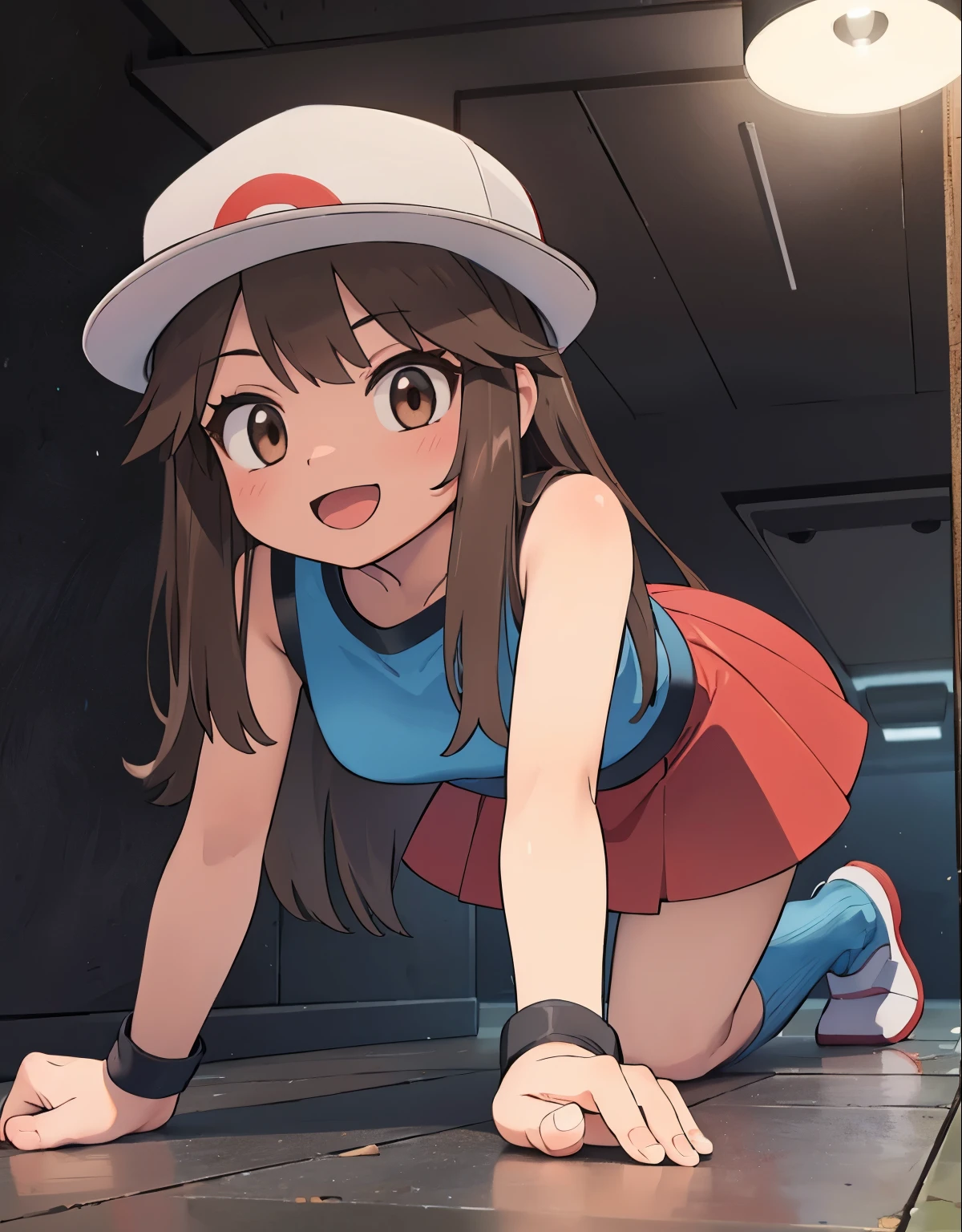 (best quality,4k,8k,highres,masterpiece:1.2),ultra-detailed,(realistic,photorealistic,photo-realistic:1.37)highres,portrait,beautiful girl, ultra-detailed, realistic:1.37, sketches, 1trainerleaf1, full body, sleeveless shirt, black wristbands, visible thighs,red skirt,blue shirt, loose socks, white footwear,sexy pose,smile,upskirt,white panties,brown hair, hat, brown eyes,beautiful detailed eyes,long lashes,beautiful eyes, anime style eyes, perfect hands, dinamic pose, loved look, open mouth, sticking out tongue, smile, encanto femenino, pokeballs, a girl crawling inside a ventilation tunnel, view from behind, detailed face and hands, extremely realistic, 8K, highly detailed, photorealistic, intricate details, ambient occlusion, cinematic lighting, dramatic shadows, moody atmosphere, warm color tones, beautiful texture, intricate mechanical patterns, claustrophobic environment, dramatic lighting, intense detail, hyper-realistic, cinematic camera angle, depth of field, high quality, masterpiece