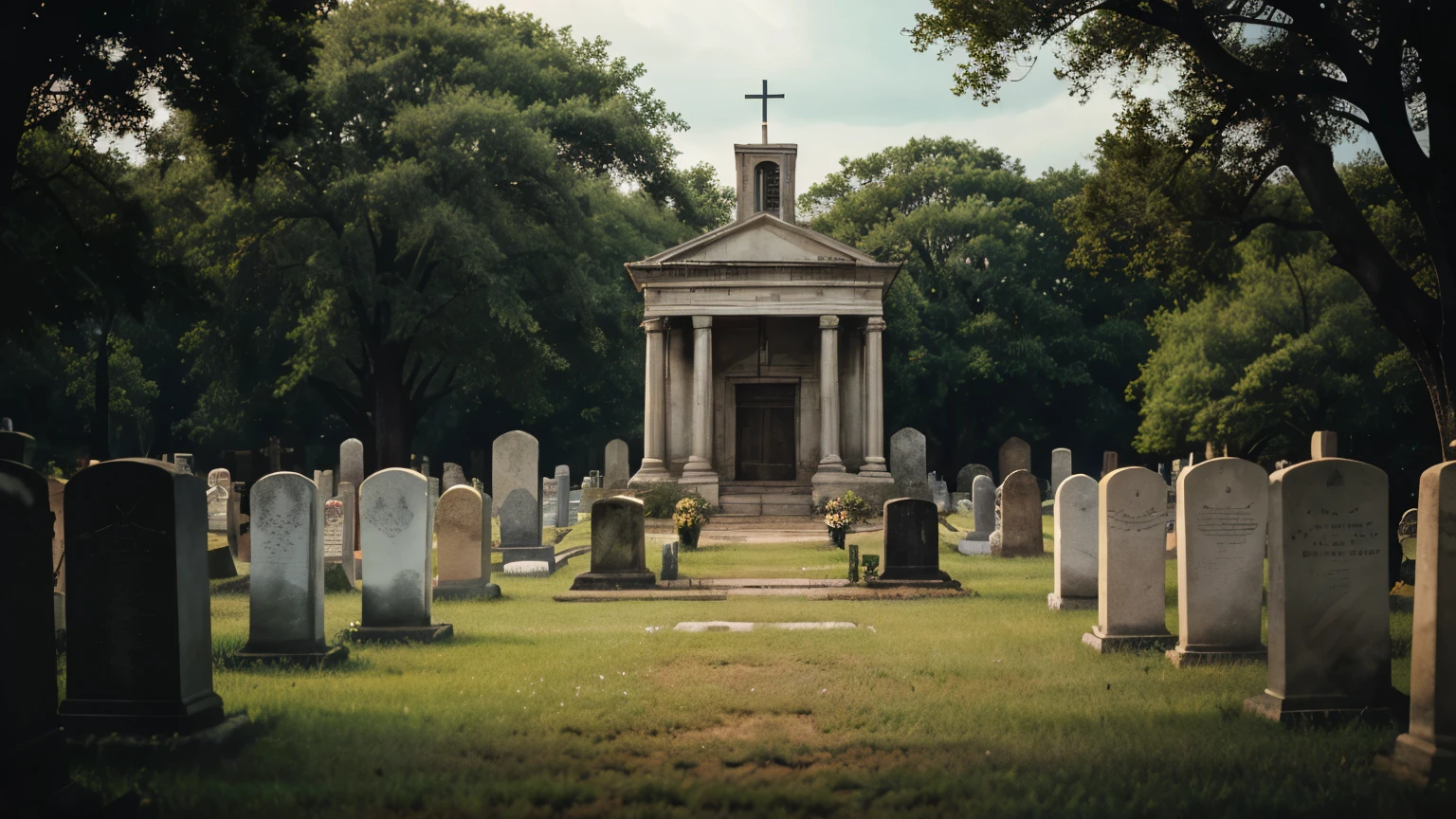 A realistic painting of a gravedigger in a small Louisiana town cemetery, surrounded by tombstones and mausoleums, under a cloudy sky. He is sanding the walls of a mausoleum when he hears a long whistle, feeling a supernatural presence. The background shows the detailed architecture of the mausoleum with overgrown ivy. Soft, eerie lighting, creating long shadows, enhances the ghostly atmosphere. Created Using: impressionist brushstrokes, muted color palette, fine details, ethereal glow, high contrast, vintage photographic techniques, chiaroscuro lighting, hd quality, natural look