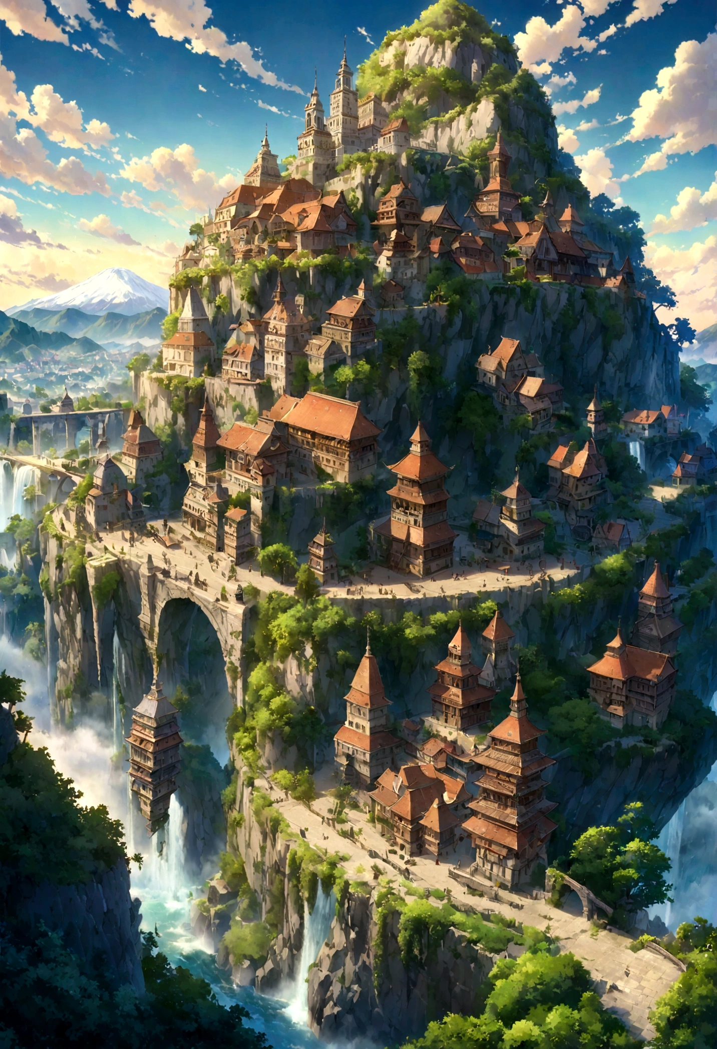 Highly detailed anime-style still images, Ghibli Studio Style, masterpiece, Official Art, Professional, ((Super detailed)), 8k, ((Don&#39;t show it to anyone)), Arabesque pattern, Huge, Rugged Mountain. The mountains are rough々It should have a clean and dignified appearance., Blue sky, The best sky, Intricate paths and structures carved into the rock face. Unique in the city, Surrealistic designs that are impossible in reality. Include elements such as the Twisted Tower, Floating Platform, Unusual bridge. Architecture should be imaginative and otherworldly, Buildings with intricate details and ornate designs. The city is surrounded by lush greenery and small waterfalls.. Softly illuminate the scene, An otherworldly light that heightens the sense of wonder and mystery. Add Distant, Place a fantastical structure in the background、Creates depth and a dreamlike atmosphere