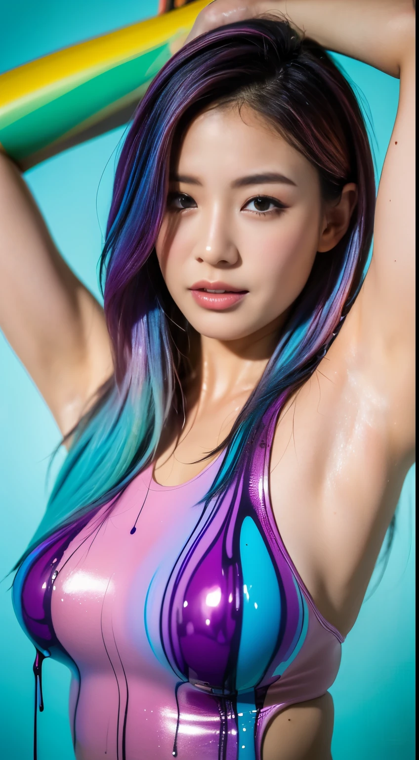 ((Best quality, 8K, Masterpiece:1.3, 1 girl, Beautiful girl)), highres, Cute, Dynamism, Detailed face, Detailed skin, Detailed eyes, Detailed lips, Photorealistic, Raw photo, Natural lighting, perfect anatomy, dynamic pose, toned legs, double eyelid, tear bags, round eyes, moist lips, (colorful body, colorful liquid on the body:1.2), colorful hair, rainbow hair, colorful background, japanese girl, looking at viewer, bare shoulders, cowboy shot, masturbation, sweaty, long hair, smile, half closed eyes, liquid art, cum on breasts, armpits